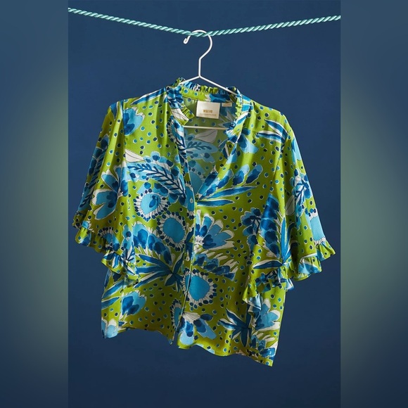 Anthropologie Green and Blue Vera Valley Flutter Short Sleeve Button Up Blouse - Picture 3 of 15